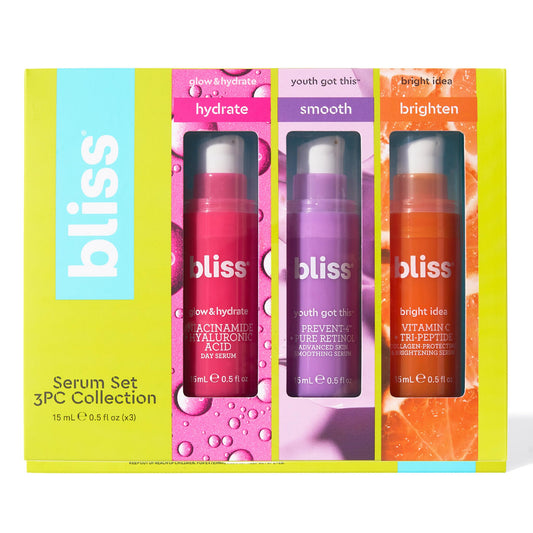 Bliss Skincare Mini Serum Set – Vitamin C, Retinol & Hyaluronic Acid Face Serums – Brightening, Anti-Aging & Hydrating Kit – Travel Size Gift Set (3 Pack)