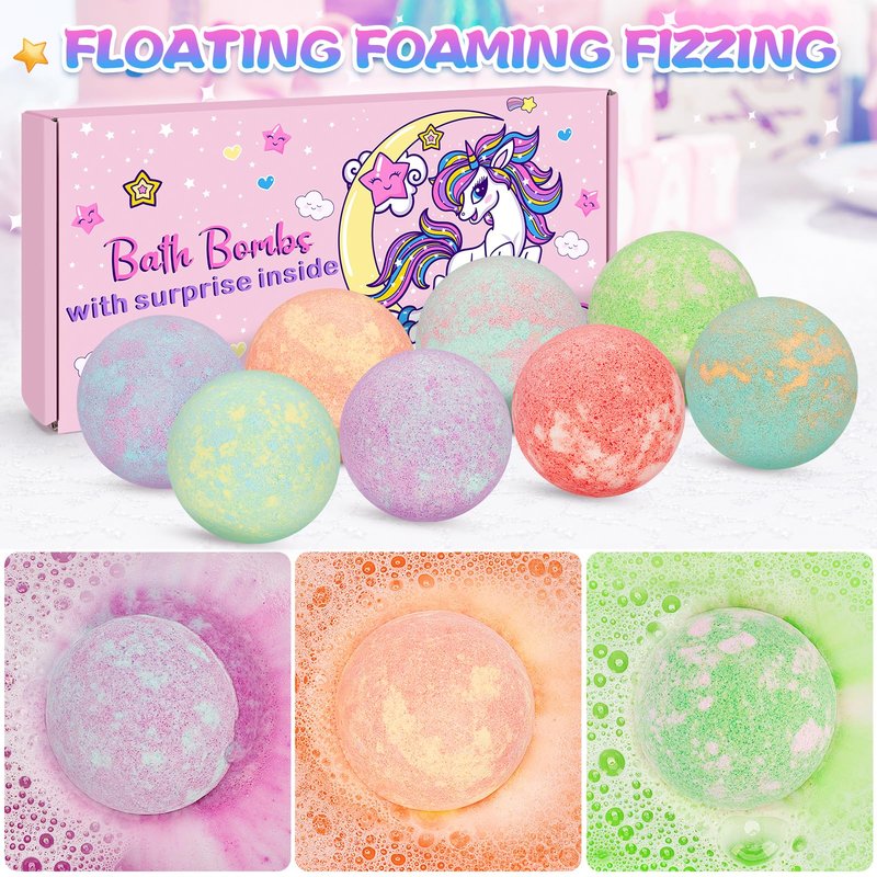 8 Pack Bubble Bath Bombs for Kids with Bracelets Toys Inside, Organic Natural Kids Bath Bombs, Christmas Birthday Gift for 3 4 5 6 7 8 Year Old Girl, Princess Bath Bomb Kit with Mermaid Unicorn Toys