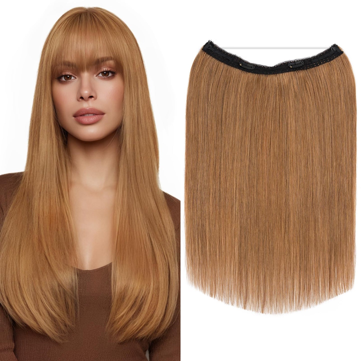 MY-LADY Halo Hair Extensions Real Human Hair for Women Light Brown Clip in Remy Hairpiece with Adjustable Invisible Wire 14 Inch 70G