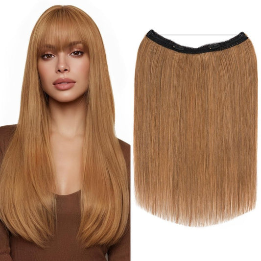 MY-LADY Halo Hair Extensions Real Human Hair for Women Light Brown Clip in Remy Hairpiece with Adjustable Invisible Wire 14 Inch 70G