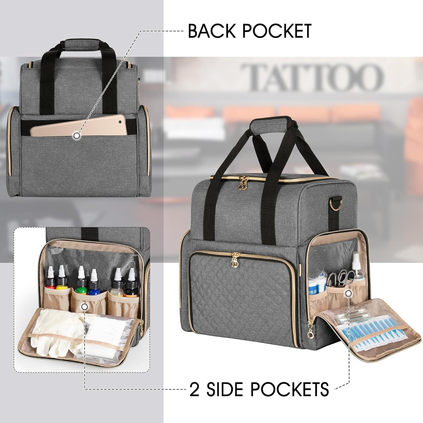 LUXJA Large Tattoo Travel Case - Organizer with 3 Removable Pouches for Tattoo Supplies | Gray