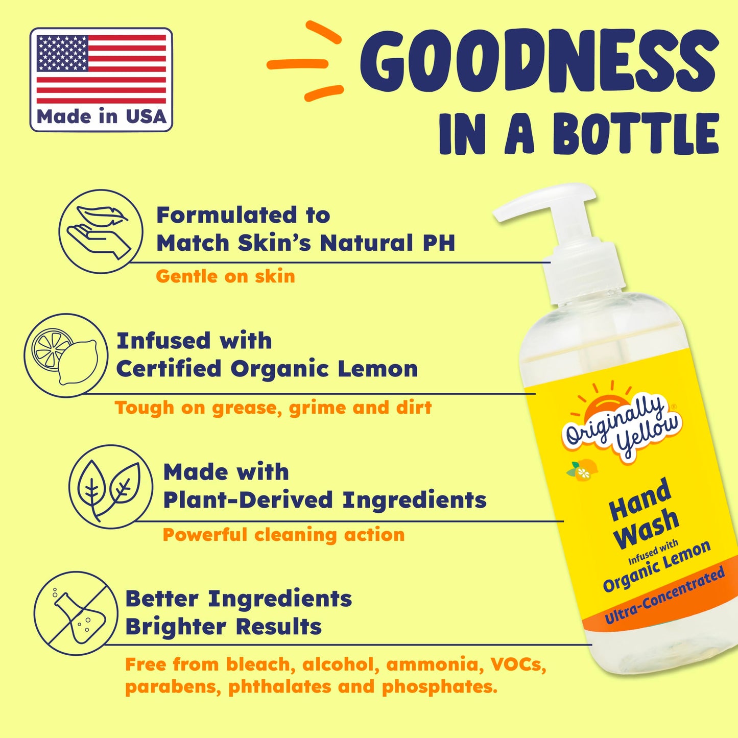 Originally Yellow Hand Soap Infused with Organic Lemon | Gentle Hand Soap |, 16 Fl Oz (3-Pack)