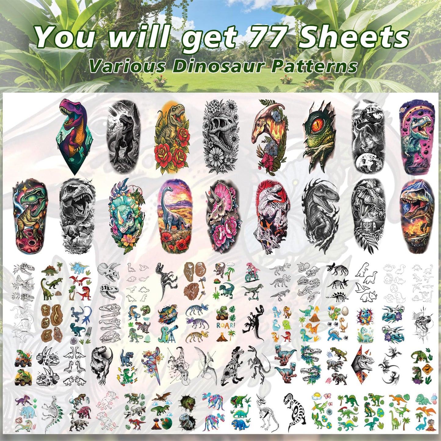 77 Sheets Dinosaur Tattoos for Kids, Realistic Waterproof Dinosaur Temporary Tattoos for Boys Girls, Safe Non-Toxic Fake Dinosaur Party Favors Tattoos