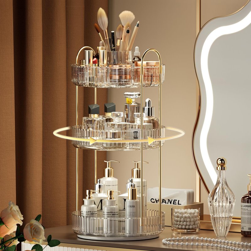 YCIA&DONE Rotating Makeup Organizer for Vanity, Large Capacity Make Up Storage Skin care Shelf Perfume Holders Cosmetic Dresser Organizer Countertop Spinning 360 (White Clear, 3Tiers)