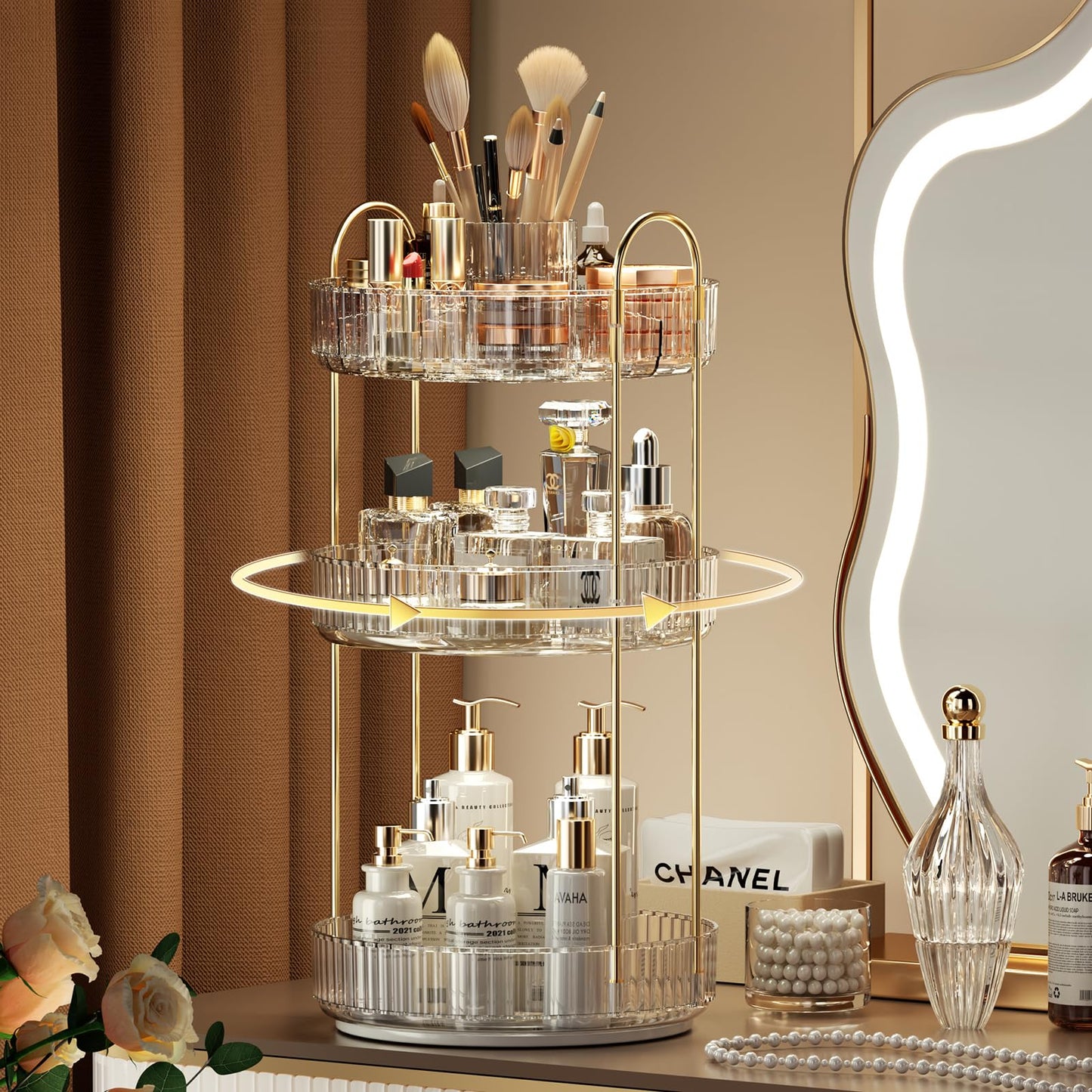 YCIA&DONE Rotating Makeup Organizer for Vanity, Large Capacity Make Up Storage Skin care Shelf Perfume Holders Cosmetic Dresser Organizer Countertop Spinning 360 (White Clear, 3Tiers)