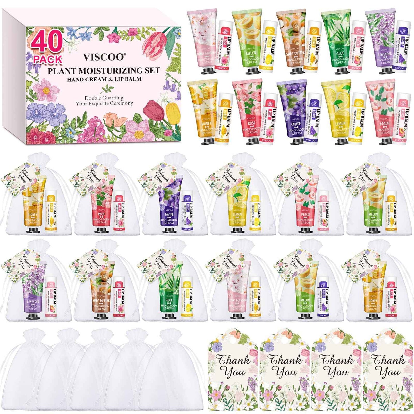 VISCOO 40 Sets Hand Cream Bulk and Lip Balm Bulk Gifts, Stocking Stuffers for Women Teengirls, Christmas Gifts,Bridesmaid Gifts for Guests with Thank You Card Organza Bags,Thank You Gifts, Small Gifts