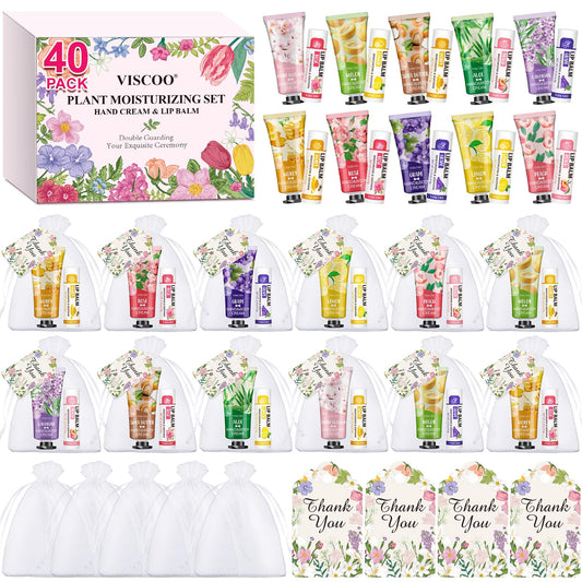 VISCOO 40 Sets Hand Cream Bulk and Lip Balm Bulk Gifts, Stocking Stuffers for Women Teengirls, Christmas Gifts,Bridesmaid Gifts for Guests with Thank You Card Organza Bags,Thank You Gifts, Small Gifts