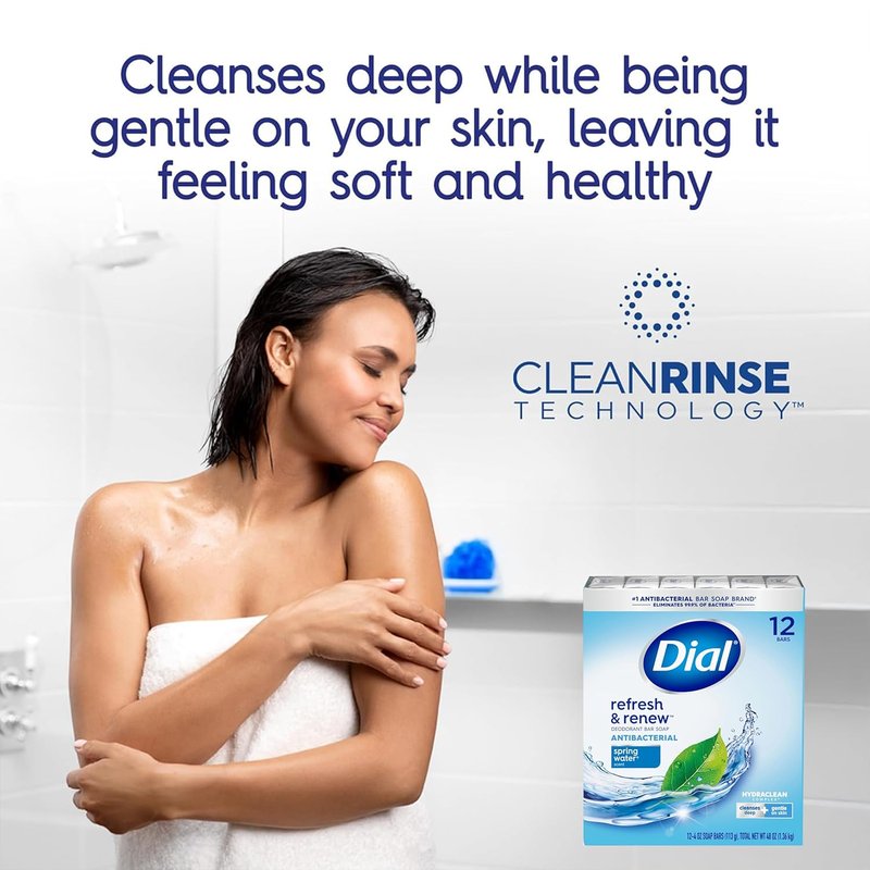 Dial Deodorant Bar Soap - Spring Water, Deep Cleansing & Gentle | 12 Count, 4 oz Each