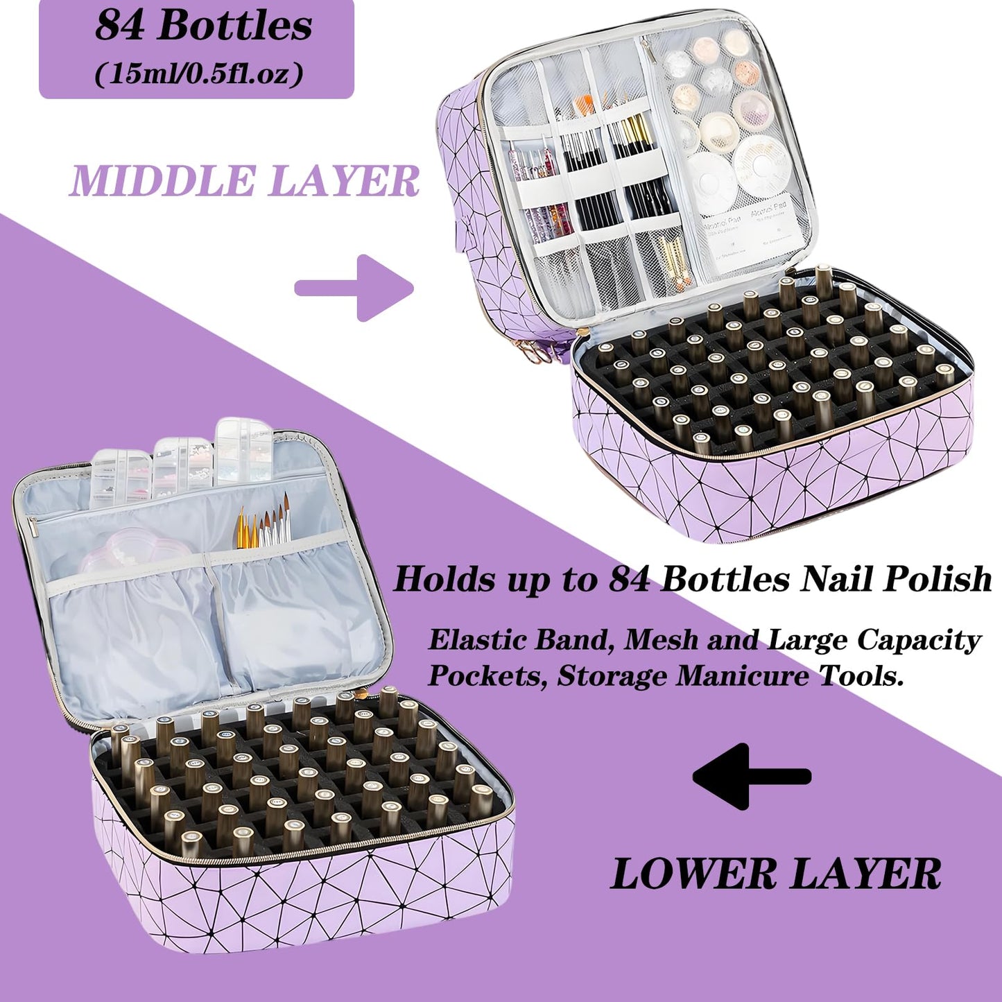 Sonhomay Nail Polish Organizer Bag, 3-Tier Nail Storage Organizer Holds 84 Bottles Nail Polish Nail Lamp Detachable Bottom Layer for Salon & Home Use(Pink)
