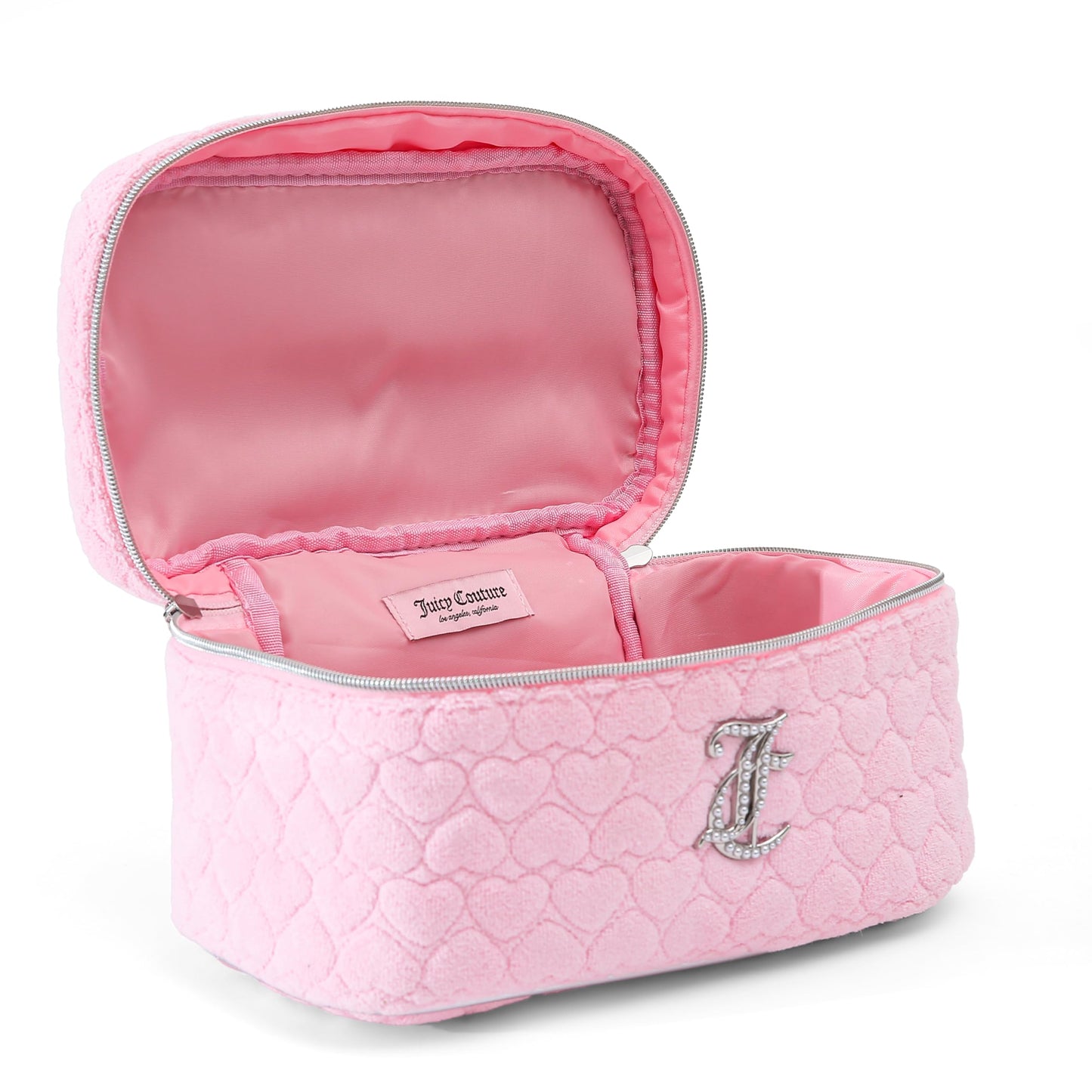 Juicy Couture Pink Makeup Bag Cosmetics Organizer Travel Essentials Train Case Terry Cloth Simulated Pearl Logo