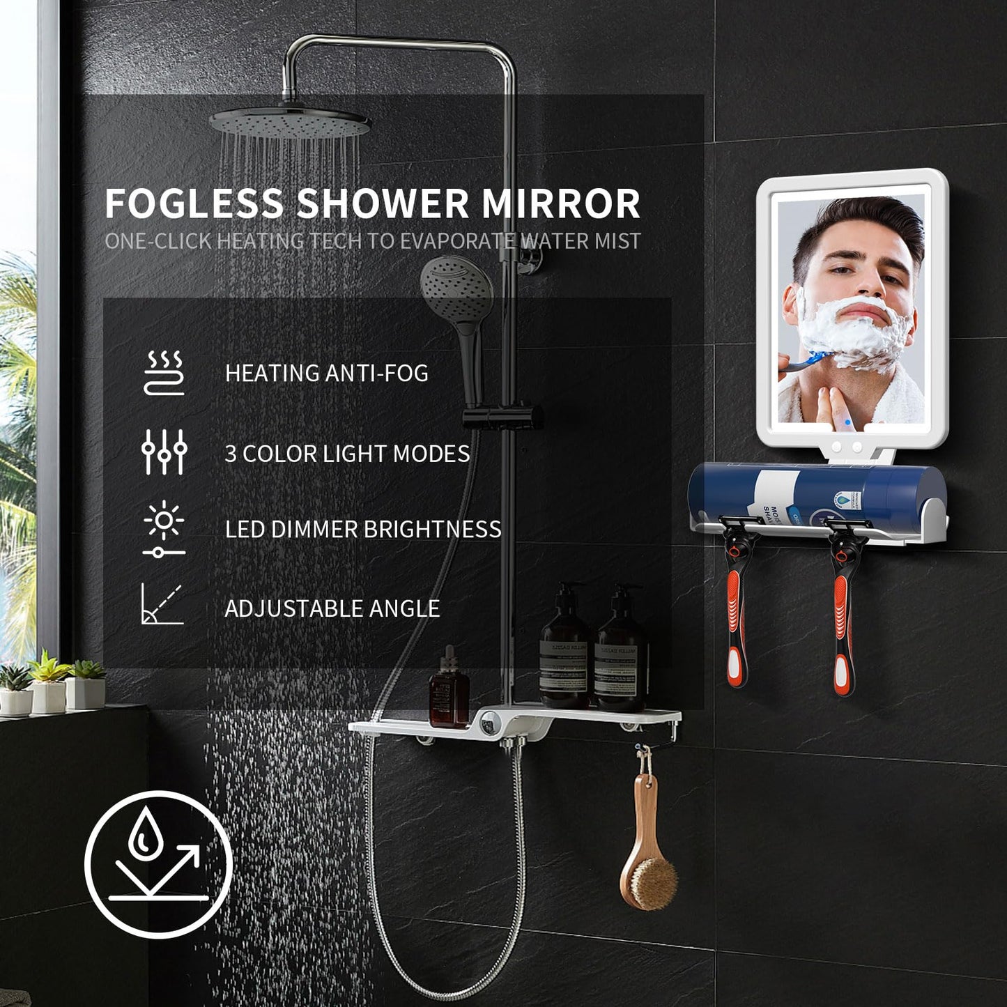 Junyaoxuan Heated Anti-Fog Shower Mirror, LED Shaving Mirror Fogless with 3 Color Modes, 9.5x8 Inch Dimmable, Hanging Rechargeable, Wall Mountable, Modern Frameless Rectangular Shower Mirror
