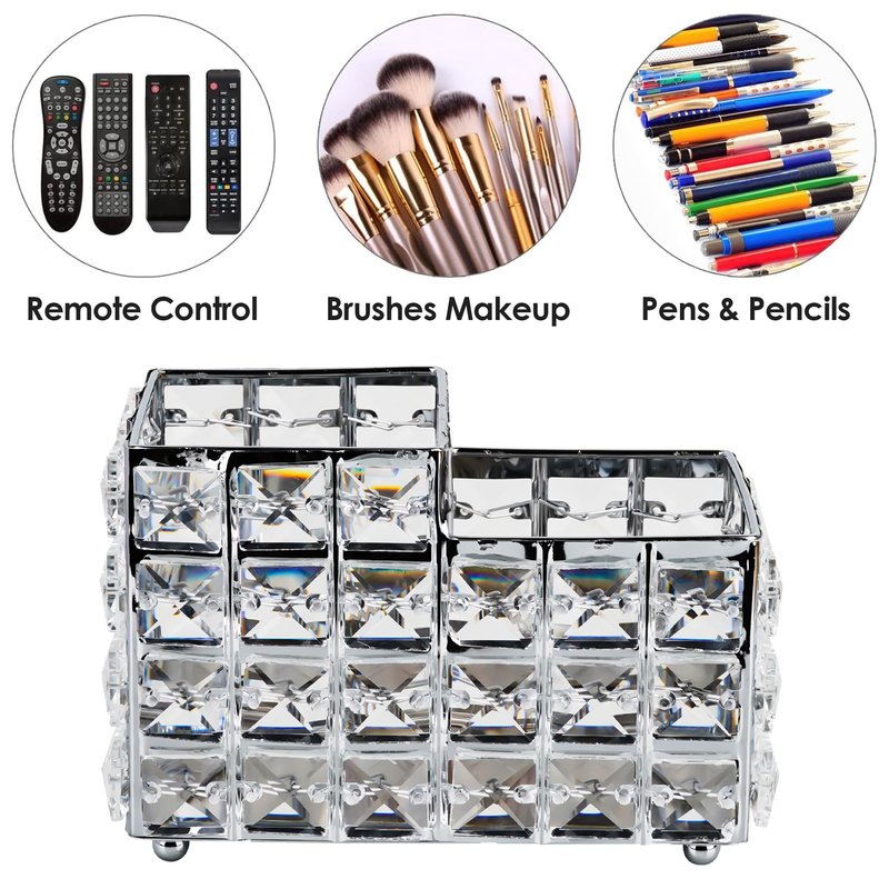 LUEXBOX Crystal Makeup Brush Holder, One-Piece Square Brush Organizer, Cosmetics Brush Storage Container for Table, Dresser, Bathroom, Bedroom Organization (Silver)