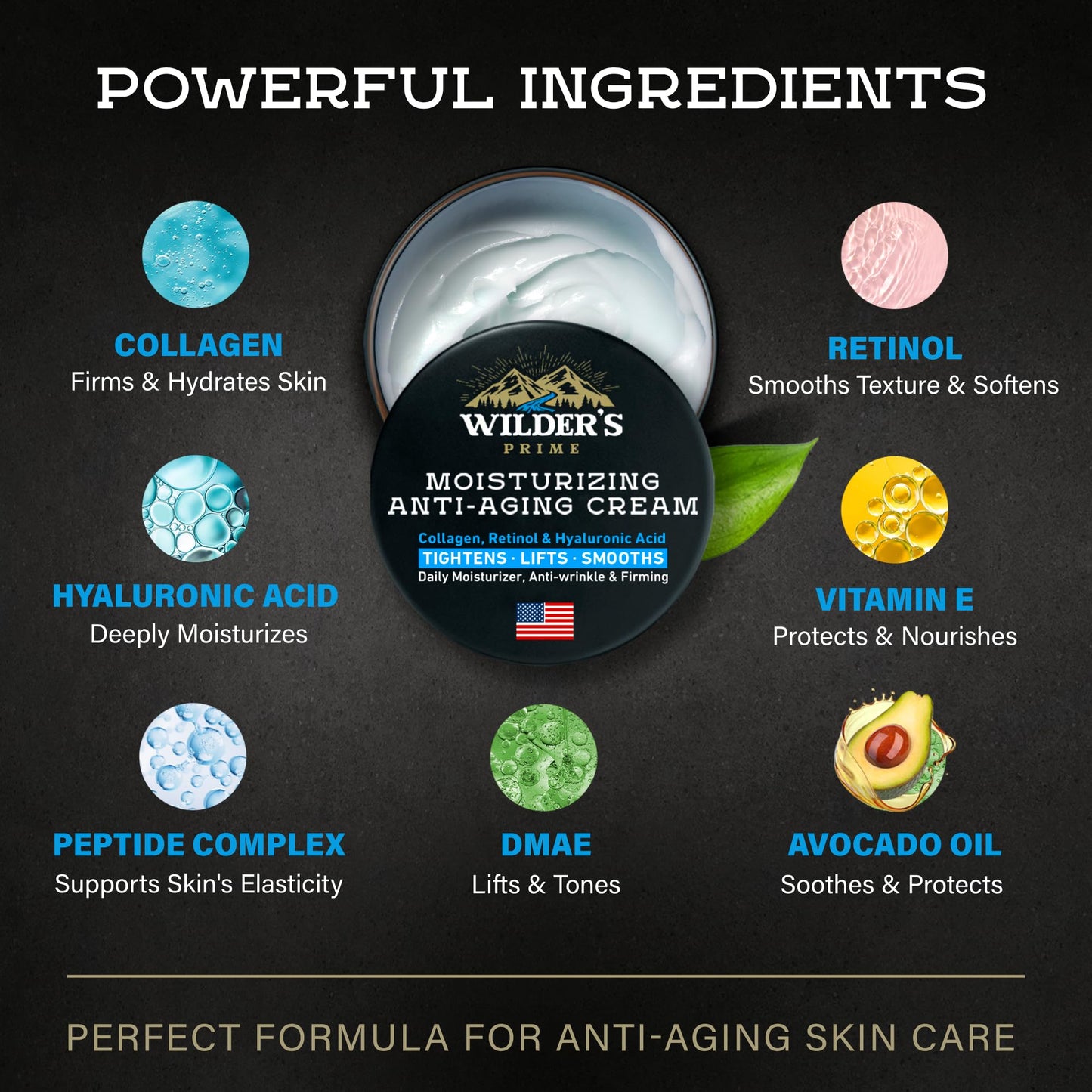 Men's Face Moisturizer Cream - Anti Aging & Wrinkle - Men's Shave Lotion - Made in USA - Collagen, Hyaluronic Acid, Vitamins E & A, Avocado Oil - Age Facial Skin Care, Day & Night Moisturizing, 4 oz