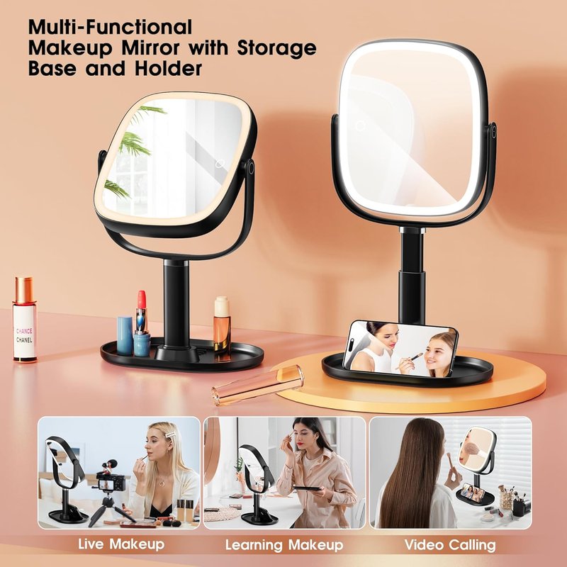 Makeup Mirror with Lights - 10x/1x Magnifying Rechargeable Desk Mirror | 3-Color Lighting & 360° Adjustable (Black)