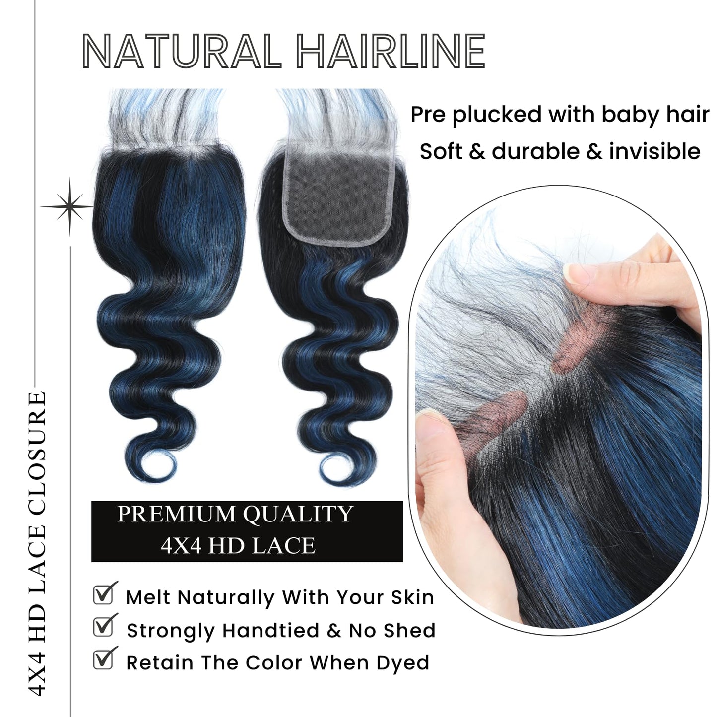 ALHER Black Mix Blue Highlight Body Wave 4x4 Lace Closure, 12A #1B/Blue Colored Closure Free Part Pre Plucked with Baby Hair, 100% Virgin Remy Human Hair for Black Women 150% Density 10 Inch