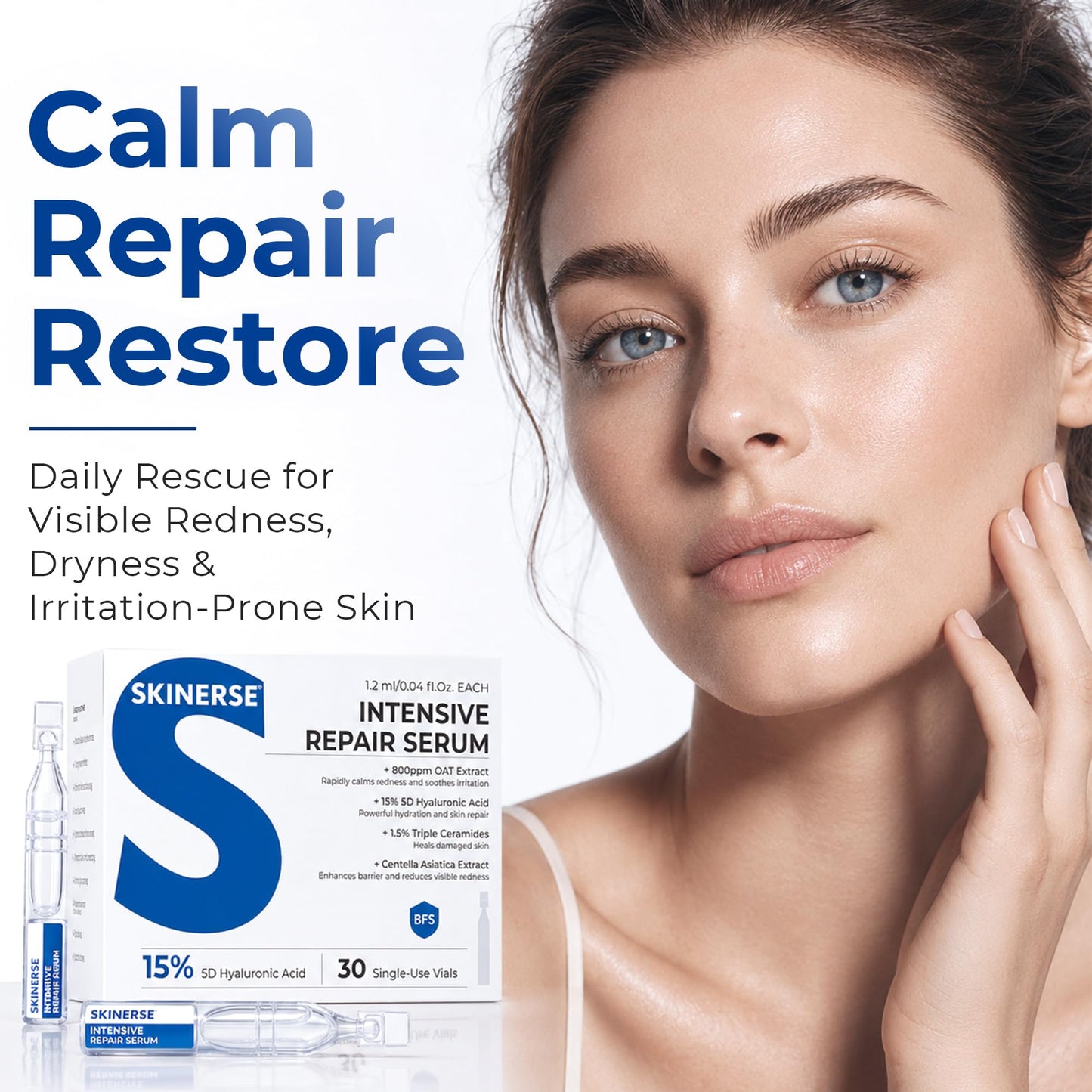 SKINERSE Intensive Repair Serum, 15%Hyaluronic Acid for Sensitive Skin Anti Aging Ultra Hydrating Serum for Face Calming Barrier Repair Redness Relief with Ceramides Centella 30Vials Daily Travel Care