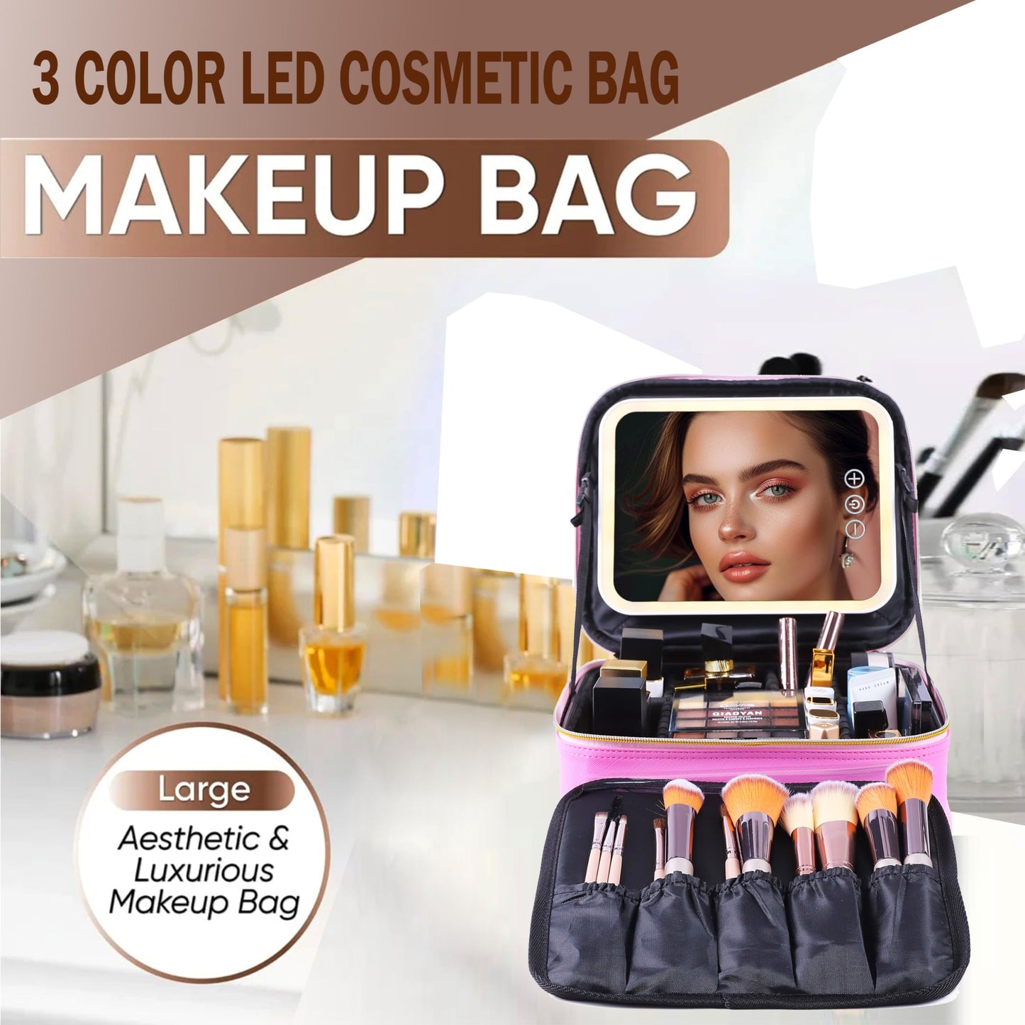 Makeup Travel Train Case with Mirror, LED Light, 3 Adjustable Brightness Levels, Cosmetic Bag with Handle, Portable Storage, Adjustable Partition, Waterproof, Monogrammed Gift Makeup Bag for Women