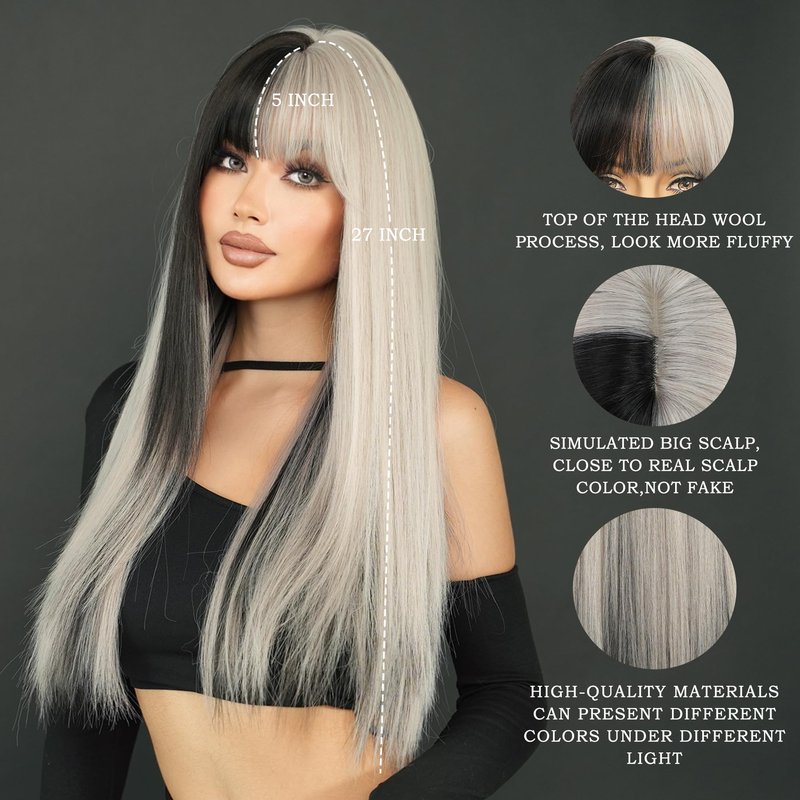 7JHH WIGS Long Straight Silver Grey Highlight Wig with Bangs 27in Natural Heat Resistant Fiber Synthetic Grey Black Ombre Layered Wigs for Women Girls Holiday Chrismas Daily Party Used