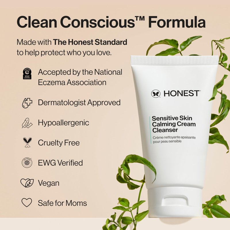 Honest Beauty Sensitive Skin Calming Cream Cleanser, Gently Cleanses Hydrates Calms, Hypoallergenic, Fragrance-Free, Vegan, 4 fl oz