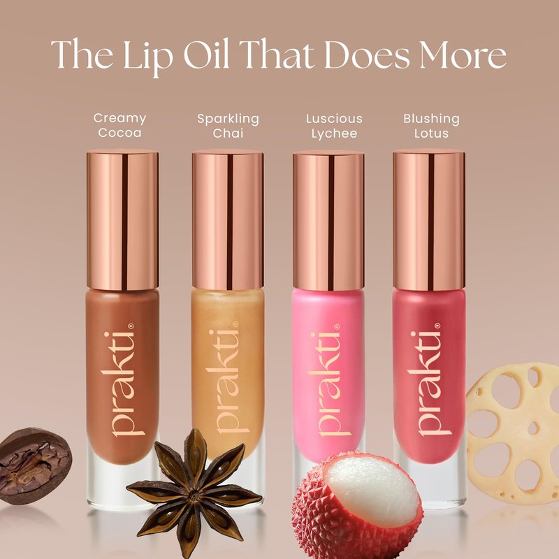 Prakti KhushiKiss Nourishing Lip Oil in Luscious Lychee, Hydrates & Plumps Lips, High-Shine Finish, with Hyaluronic Acid & Peptides, 0.17 oz