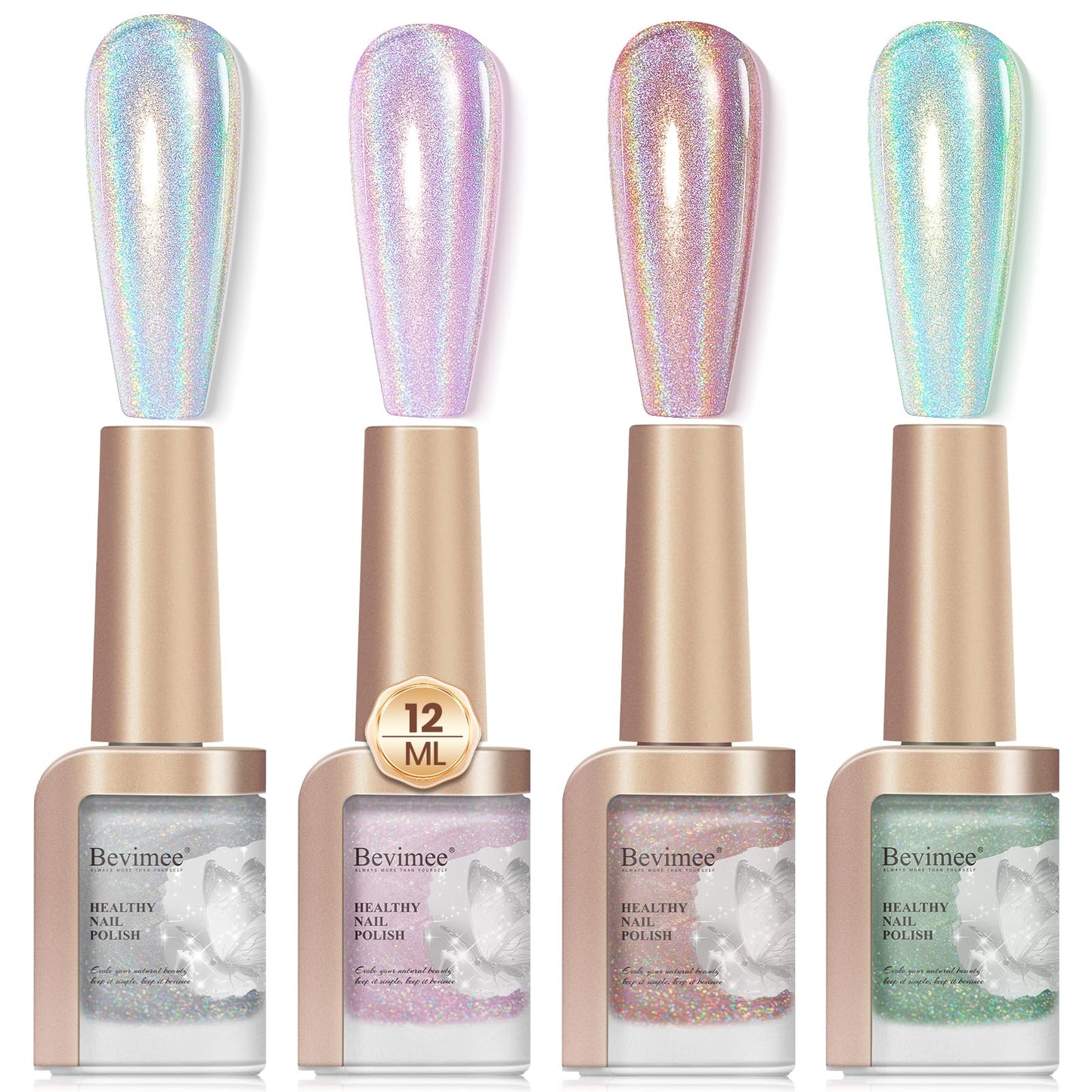 Bevimee Iridescent Holographic Nail Polish 12ML*4Colors Silver Pink Red Green Nail Polish Fast Drying
