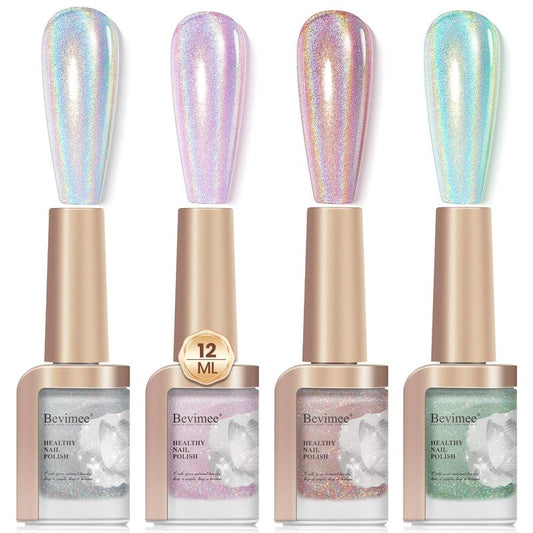Bevimee Iridescent Holographic Nail Polish 12ML*4Colors Silver Pink Red Green Nail Polish Fast Drying