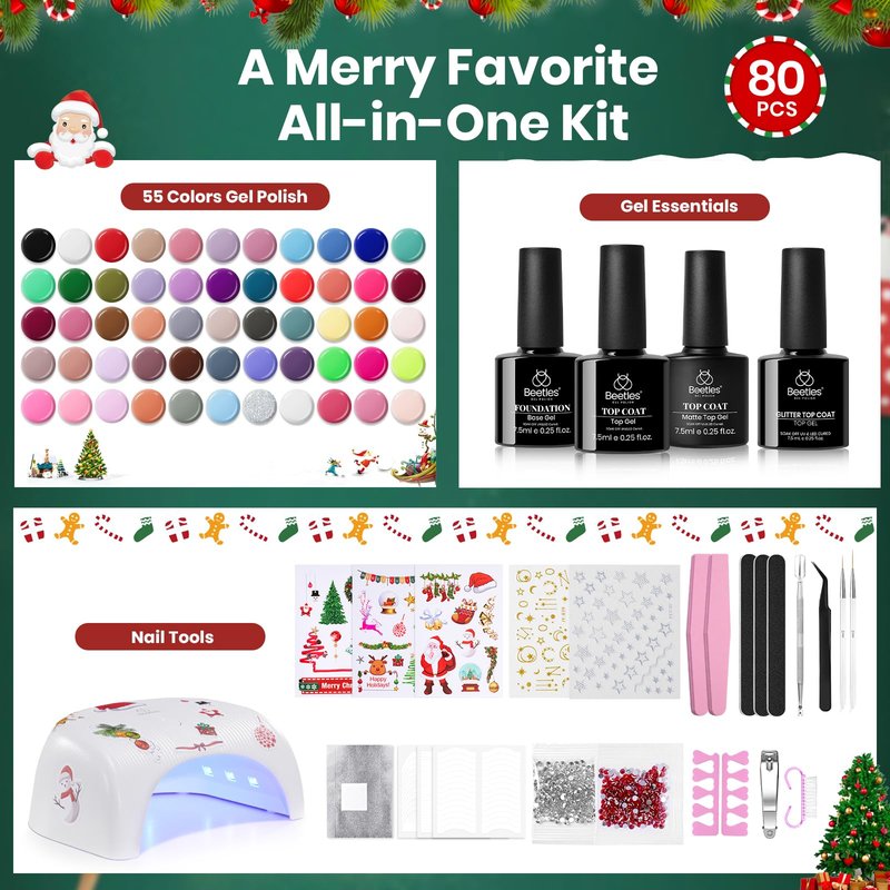 Beetles 80 Pcs Christmas Gel Nail Polish Kit with U V Light - 55 Color Gel Nail Kit Gifts for Women Soak Off Color Enchantment Winter Red Nails Art Home DIY Salon Beginners Manicure Set