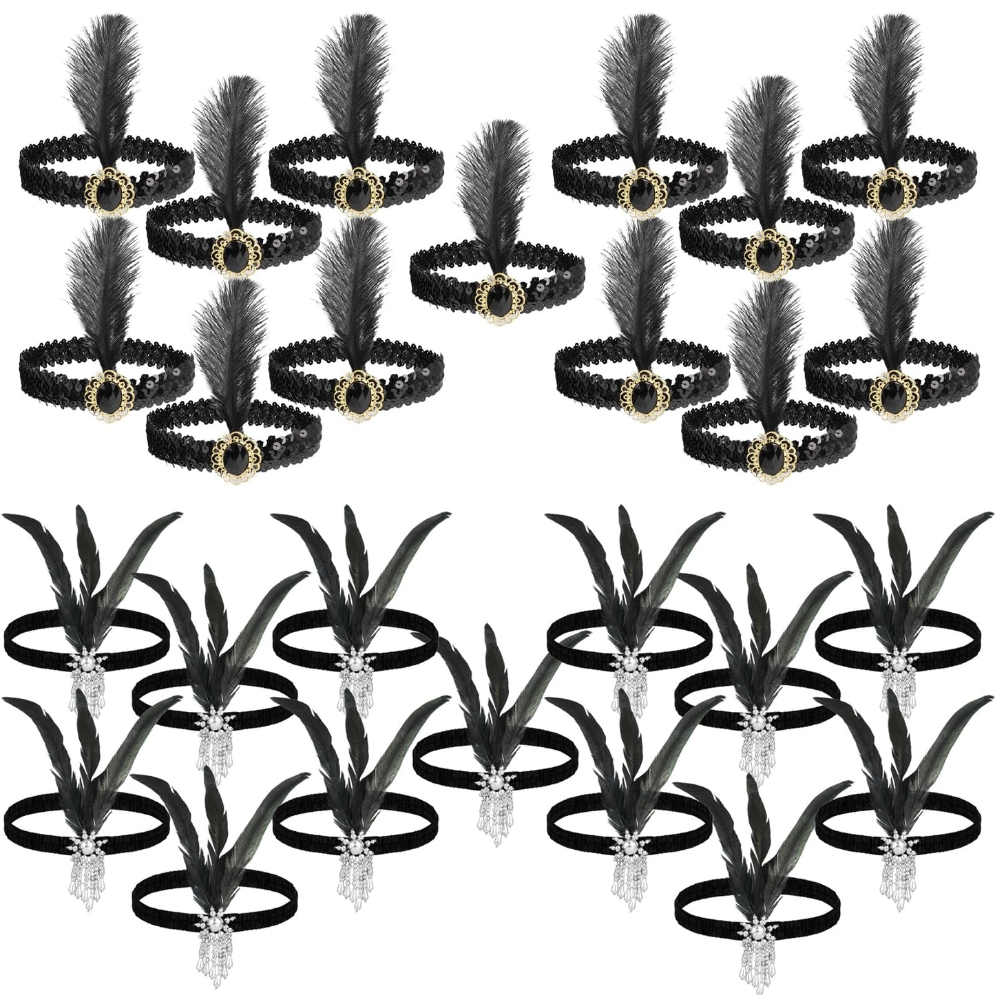 UCEHIPAW 26 Pcs 1920s Flapper Headband Hair Costume Accessory Black Classic Feather Headpiece for Women Party Gift Supplies