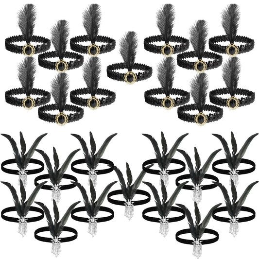 UCEHIPAW 26 Pcs 1920s Flapper Headband Hair Costume Accessory Black Classic Feather Headpiece for Women Party Gift Supplies