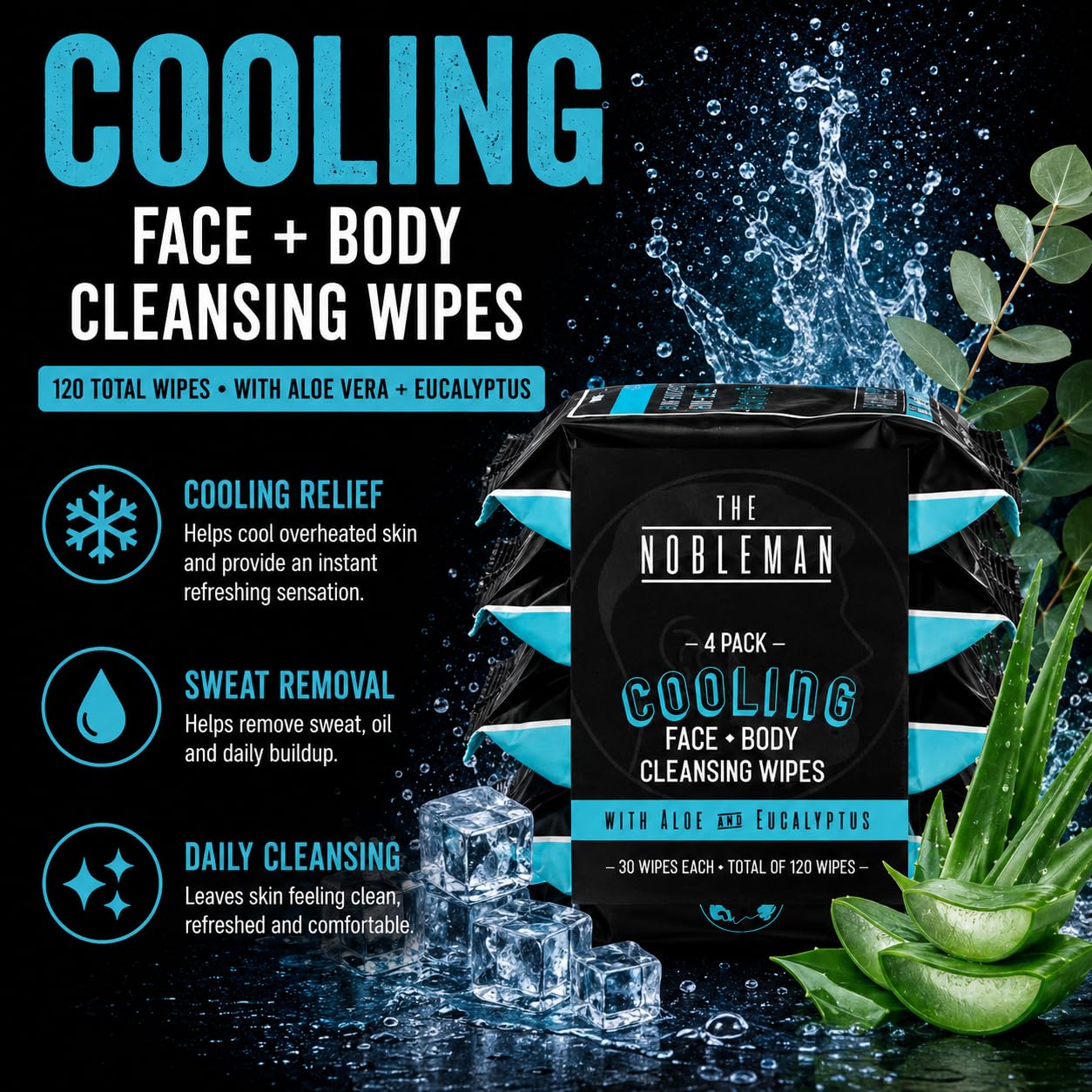 The Nobleman Cooling Face + Body Cleansing Wipes – Refreshing Skincare for Men with Aloe & Eucalyptus, Oil Control, Dirt Removal, Sweat Refresh, Daily Hygiene & After Gym Solution, (4 Pack, 120 Ct)