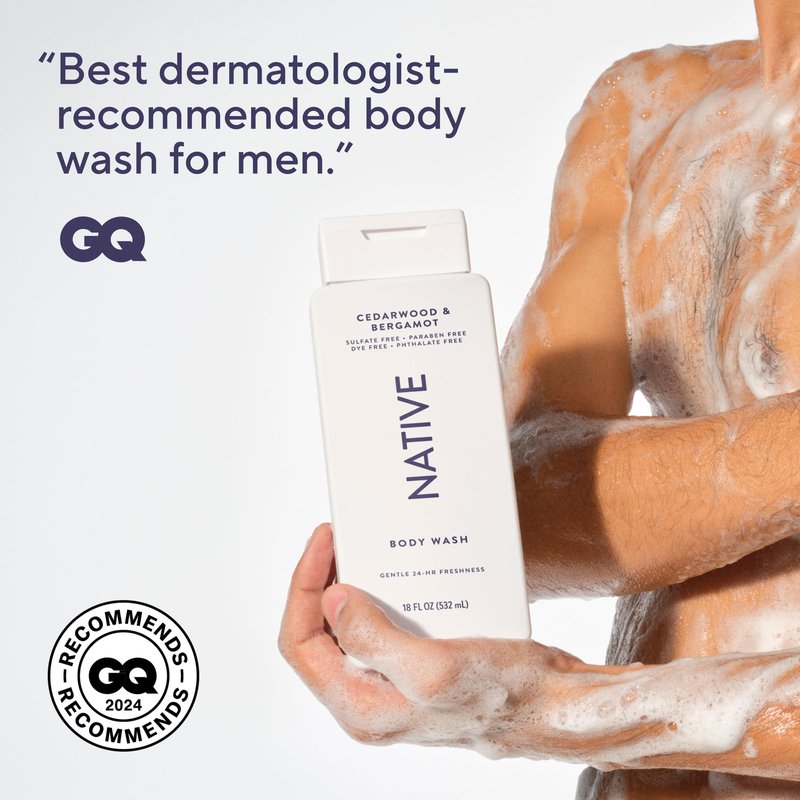Native Cedarwood & Bergamot Scent 24-Hr Refreshing Clean Body Wash for Men & Women, for All Skin Types Incl. Sensitive, Leaves Skin Feeling Clean & Soft, Free of Phthalates, Sulfates & Parabens, 18 oz