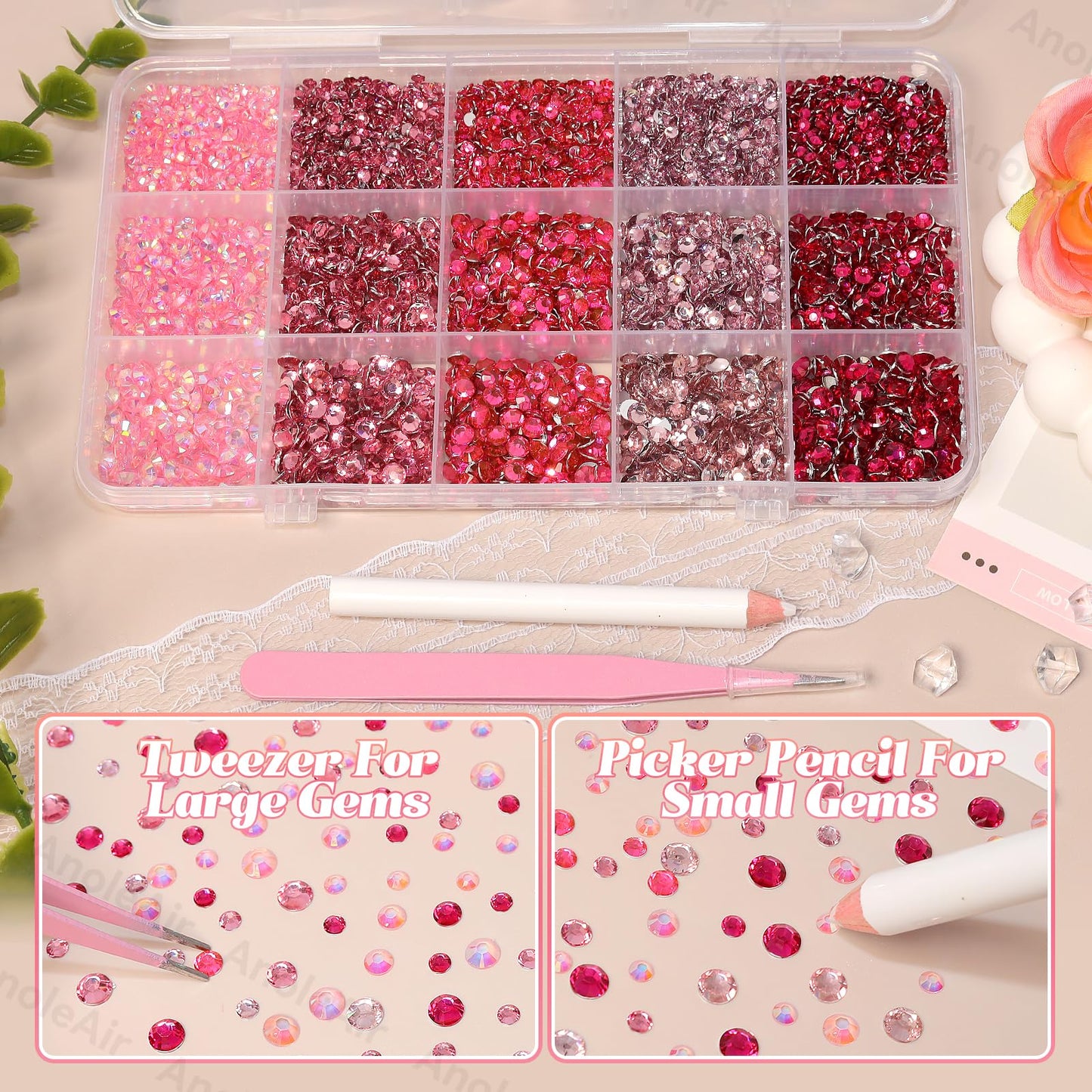 15000Pcs Pink Rhinestones for Bedazzling, Jelly Bedazzling Resin Gems 3-5mm, Hot Pink Gems Bedazzling Kit for Crafting, Flatback Color Gems for Nails Face Makeup Crafts Tumblers