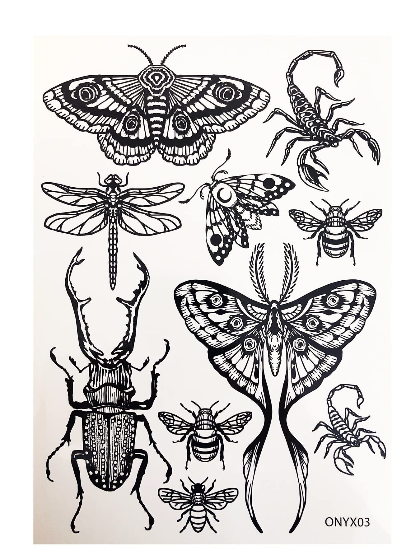 Temporary Tattoo for Adult Women - 2 Sheets - Black Big Moth Beetle Scorpion Dragonfly Bee Insect Sleeve Words Adults Tattoos