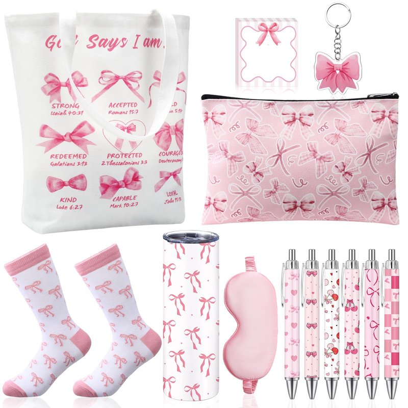 Sieral 14 Pcs Coquette Pink Bow Gift Set for Santa Women Include Pink Bow Tote Bag 20oz Stainless Steel Cup Socks Gel Ink Pens Sticky Keychain Eye Mask for Gifts
