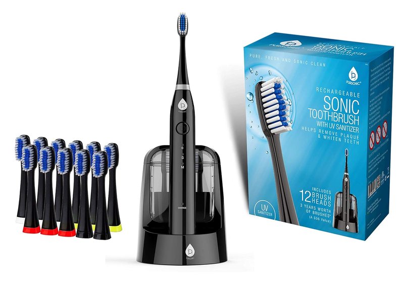 Pursonic S750 Sonic Toothbrush - Smart Rechargeable Electric Toothbrush for Adults | Black, 12 Extra Brush Heads