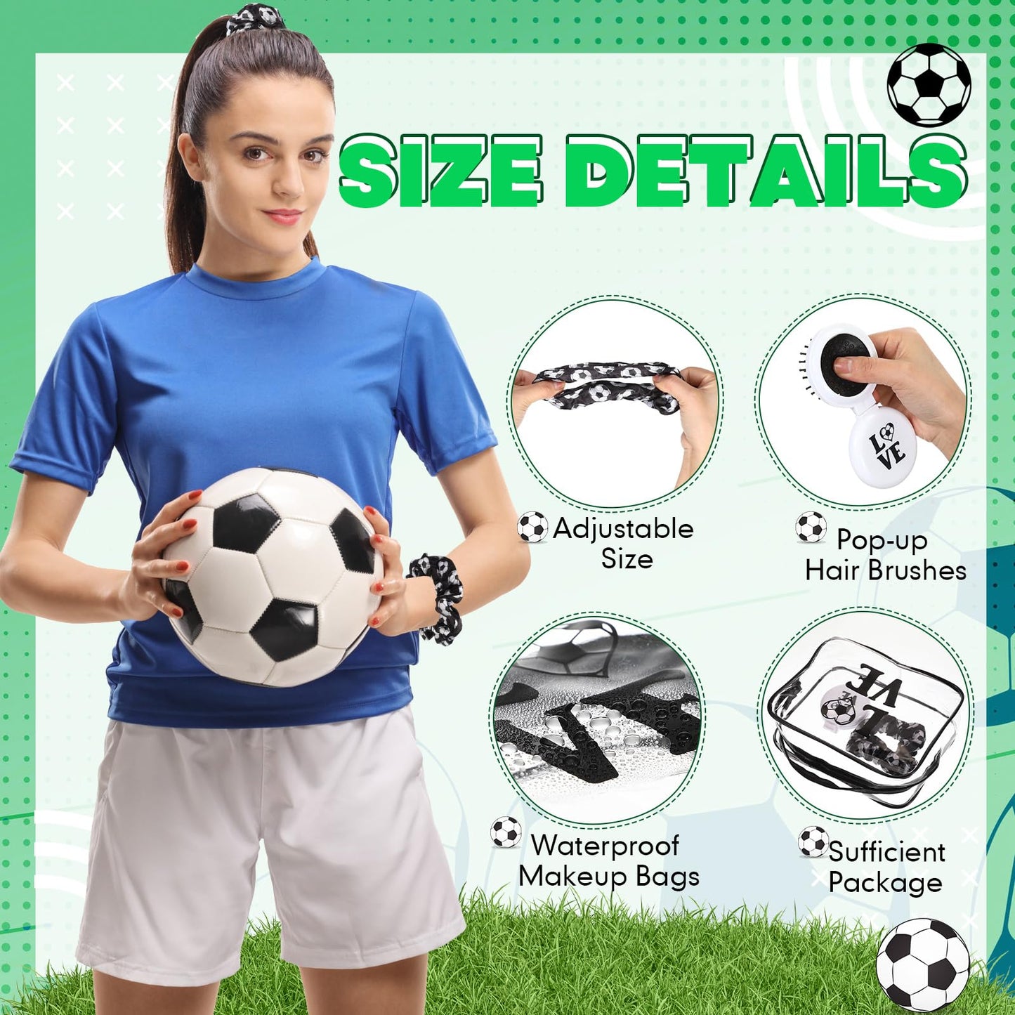 Yungyan 36 Pcs Soccer Gifts 12 Soccer Makeup Bag for Women Party Favors Team Gifts with 12 Sport Hair Scrunchies 12 Round Portable Folding Brush