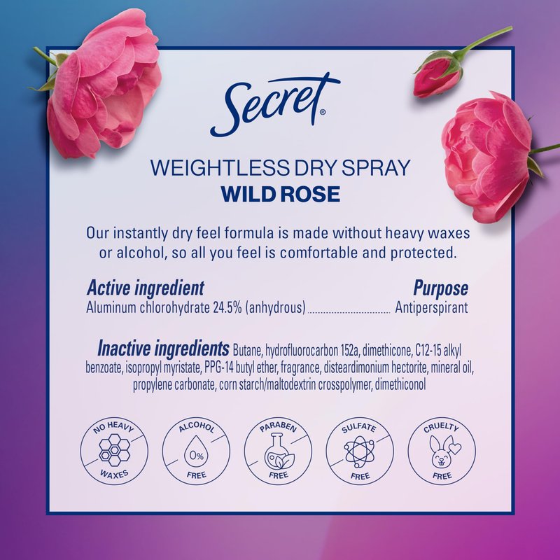 Secret Dry Spray Antiperspirant Deodorant for Women, 48hr Weightless Sweat & Odor Protection, Gentle on Skin, Delicate Rose Scent, 4.1 oz (Pack of 3)