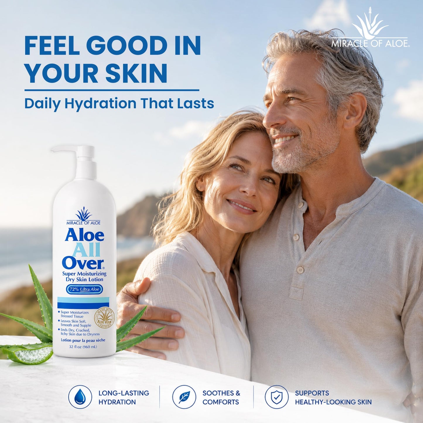 Miracle of Aloe Aloe All Over Super Moisturizing Dry Skin Lotion 32 oz - Made with 72% UltraAloe Aloe Vera Gel. Safe for Everyone: Men, Women, Kids. Restores Dry Skin Fast