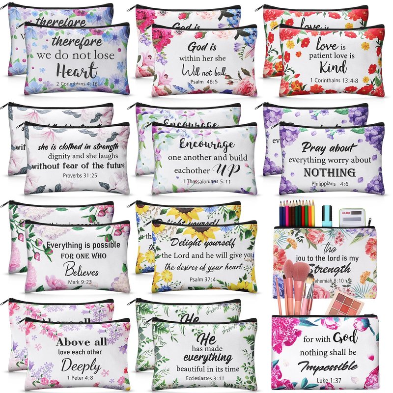 Qeeenar 24 Pcs Christian Makeup Bags Mother's Day Cosmetic Bags Inspirational Bible Verse Toiletry Pouch Canvas Motivational Pouch with Zipper for Women Organize Cosmetics Stationery Supply(Floral)