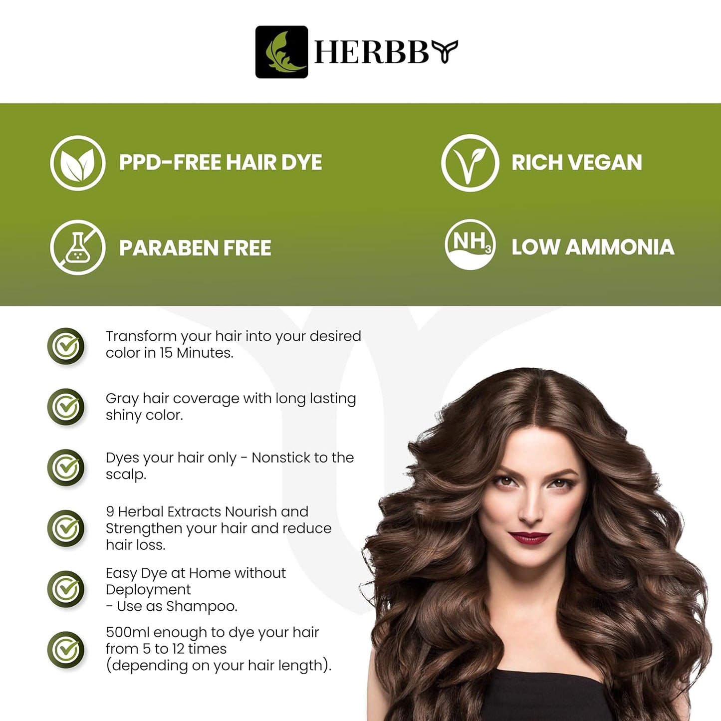 Hair Color Shampoo for Gray Hair Coverage | 9 Herbal Extracts, Long-Lasting Dark Brown Dye, 500ml