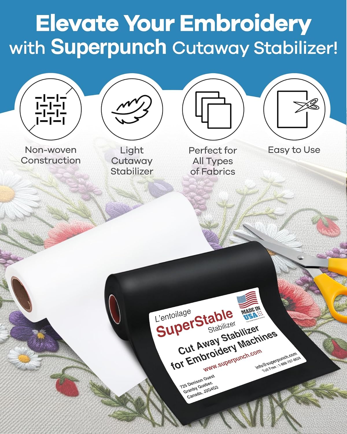 Superpunch Cutaway Stabilizer for Embroidery Machines - Thick White 15" x 25 Yards Roll, Made in USA