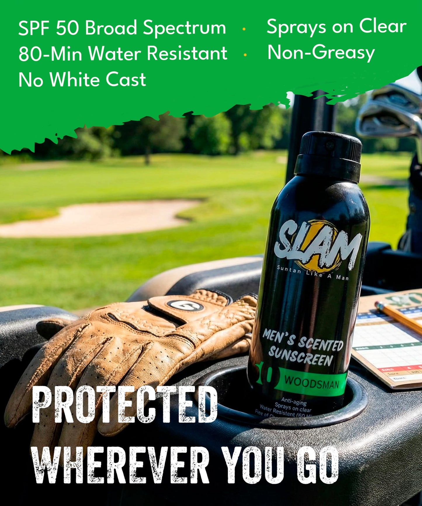SLAM Men’s Sunscreen SPF 50 Spray - Broad Spectrum UVA/UVB Protection - Non-Greasy & No Harsh Chemicals - WoodsMan Sandalwood Teakwood Bergamot Cologne Scented - 2 Pack
