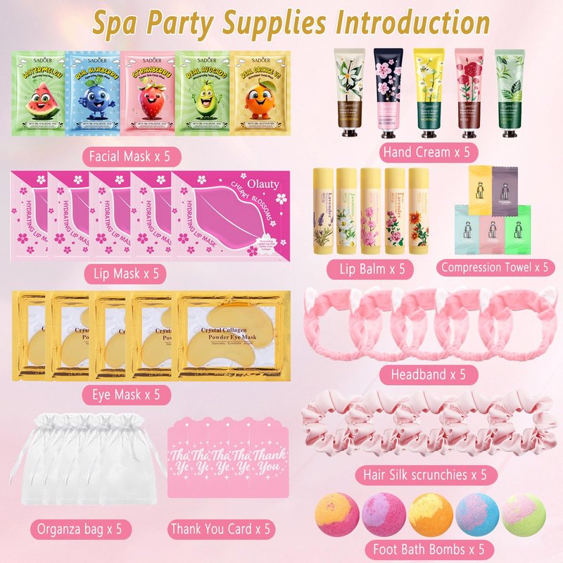 55Pcs Spa Party Supplies for Girls,Spa Party Favors Skincare Fruit Face Masks,Lip Masks,Eye Patches,Hand Cream,Lip Balm,Thank You Gifts,Spa Birthday Sleepover Party Supplies for Women