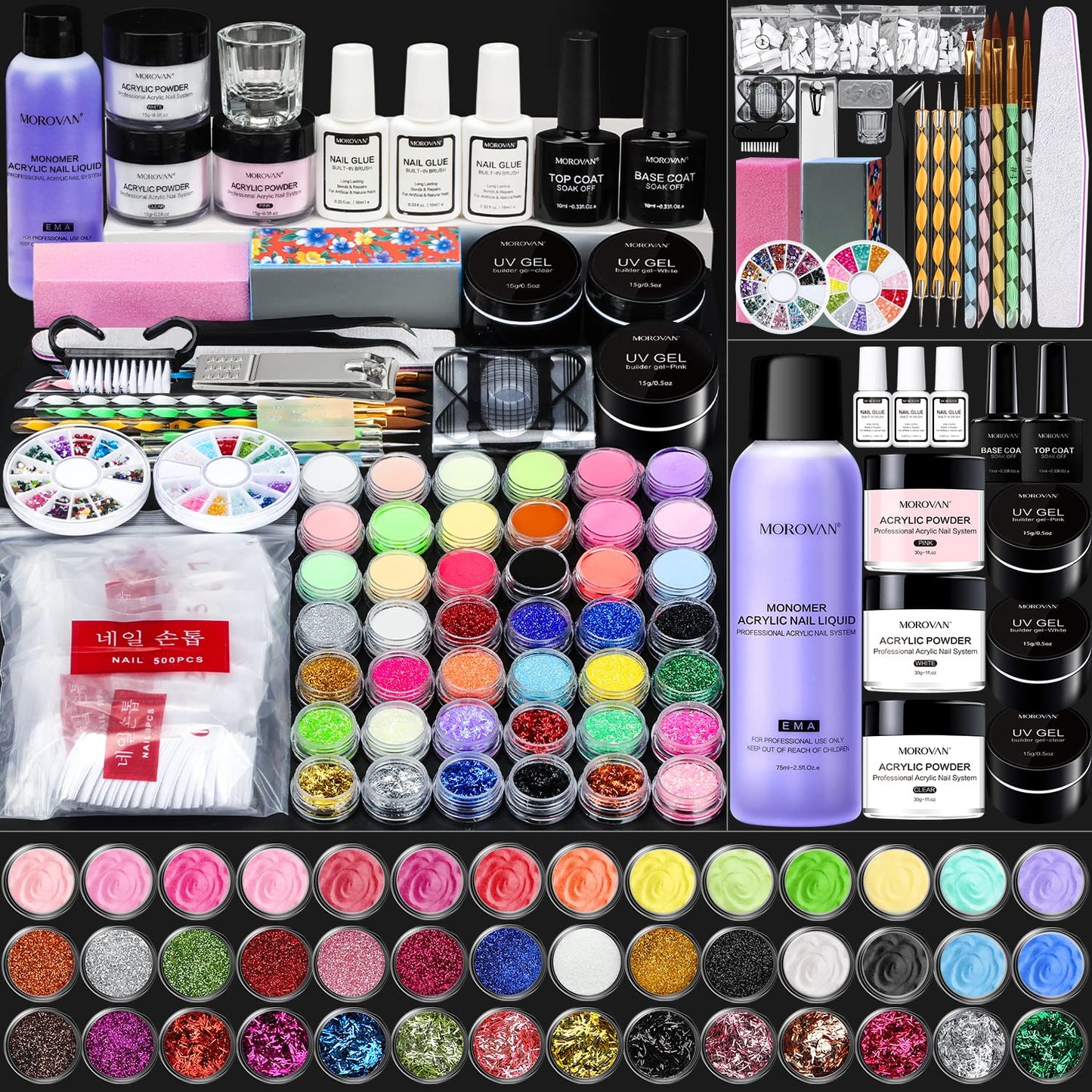 Morovan Acrylic Nail Kit - Professional Acrylic Nail Kits Set Acrylic Powder Set with Everything for Beginners Glitter Powder Acrylic Brush for Nail Art Extension