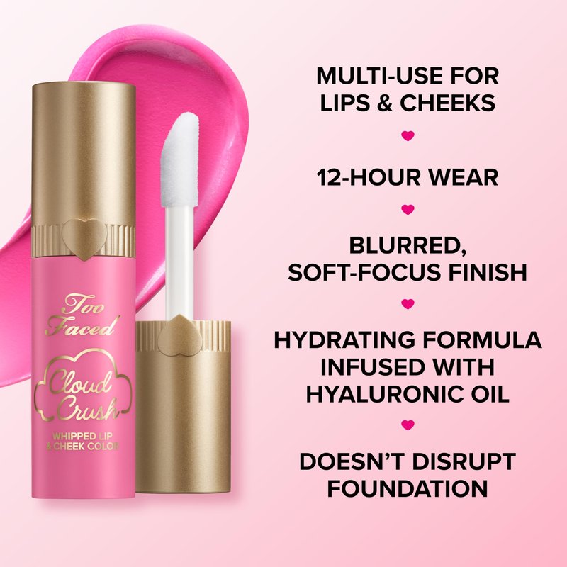 Too Faced Cloud Crush Whipped Lip & Cheek | Creamy Multi-Use Formula with Hyaluronic Oil for a Soft-Focus Longwear Flush, 0.15 Fl Oz, Milk & Cookies