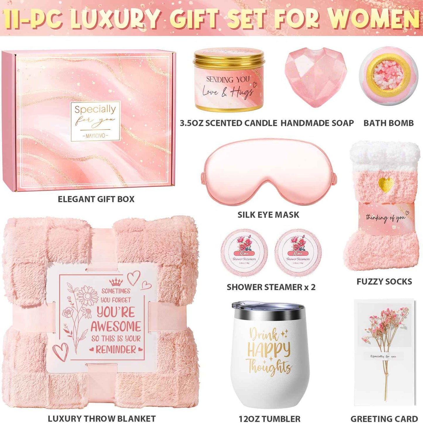 Christmas Birthday Gifts for Women, Self Care Get Well Soon Gift Baskets for Women, Rose Relaxing Spa Gifts Care Package w/ Luxury Blanket, Unique Gift Ideas for Mom Her Wife Girlfriend Friend Sister