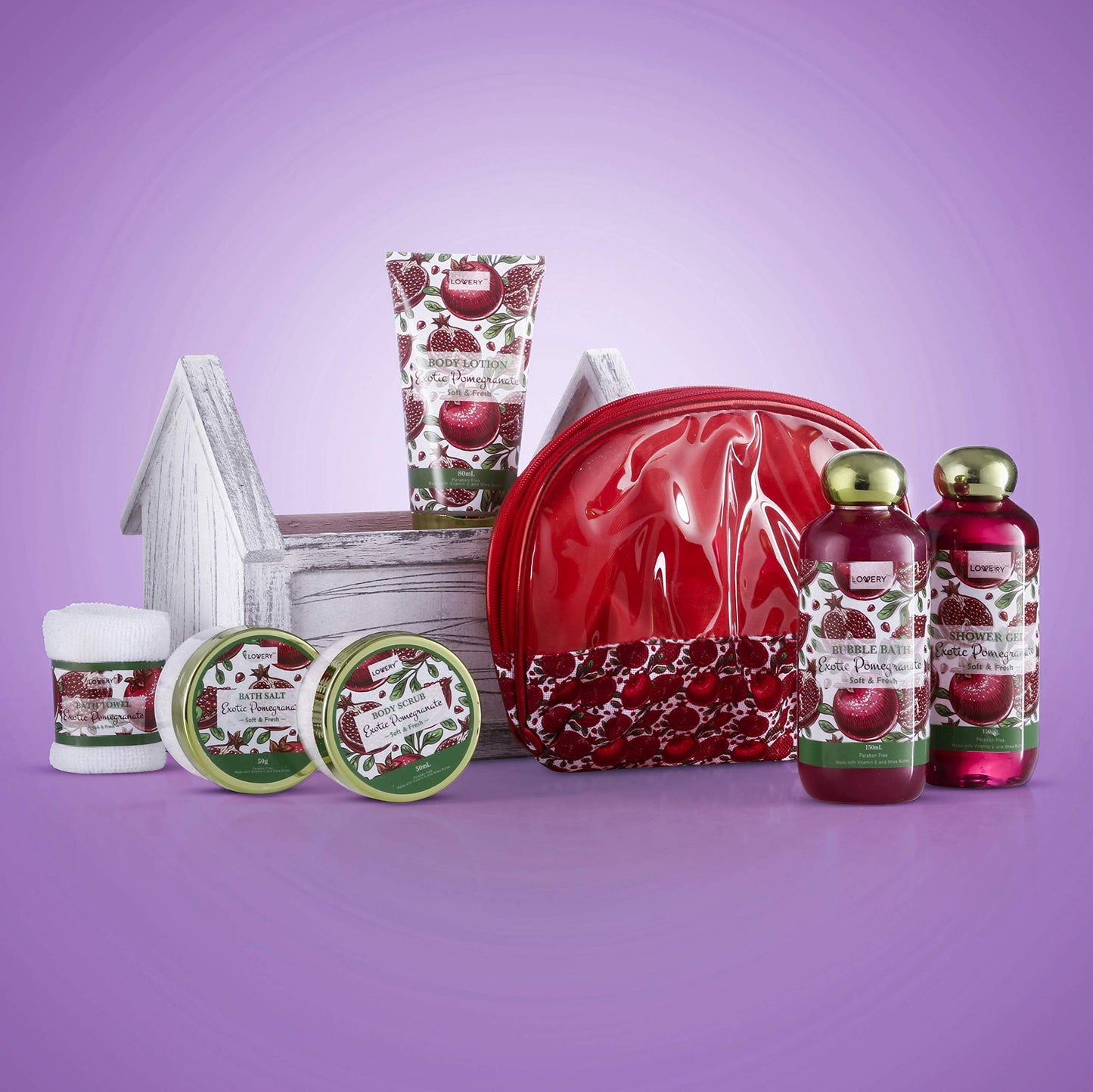 Birthday Gifts from Son, Home Spa Gift Basket, 8pc Bath & Body Set for Women & Men, Exotic Pomegranate Scent, Shower Gel, Bubble Bath, Lotion, Bath Salt, Body Scrub, Towel, Cosmetic Bag & Wood Case