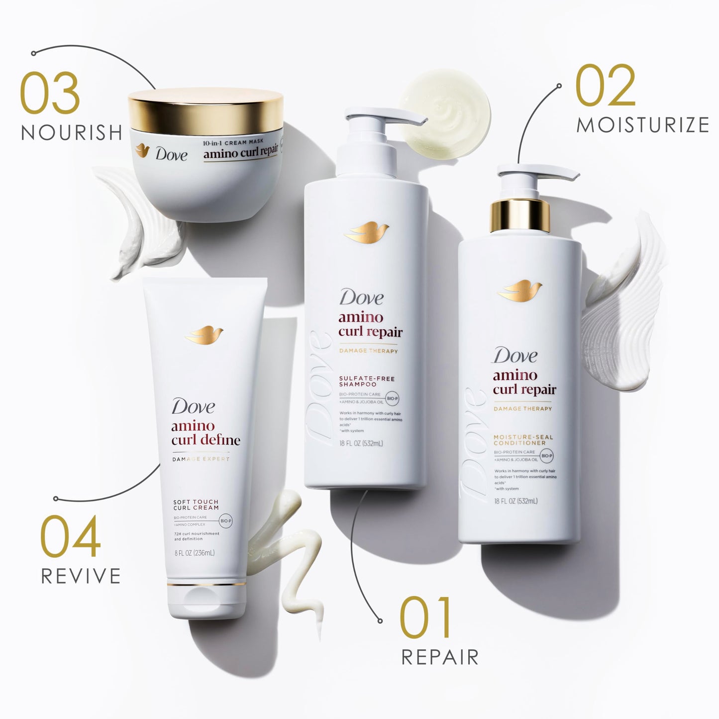 Dove Shampoo, Conditioner, & Mask Amino Curl Regimen Pack 4 Pk for Curly, Coily Hair with Bio-Protein Care Technology + Amino & Jojoba Oil