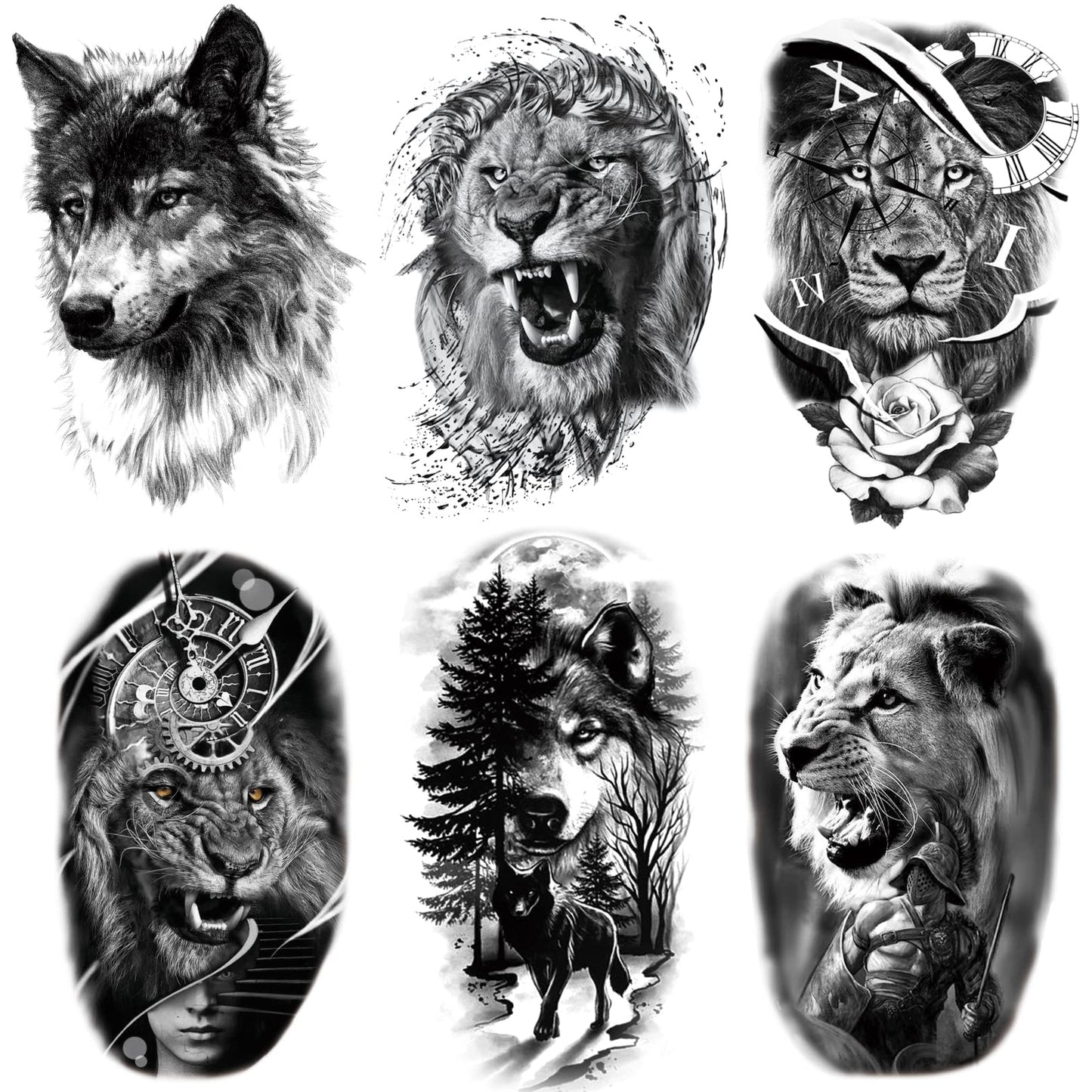 PADOUN Temporary Tattoos Animal, 6-Sheet Wolf Lion Large Temporary Tattoo for Men, Waterproof Long Lasting Tattoos Realistic Fake Tattoos for Women Kids