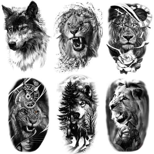 PADOUN Temporary Tattoos Animal, 6-Sheet Wolf Lion Large Temporary Tattoo for Men, Waterproof Long Lasting Tattoos Realistic Fake Tattoos for Women Kids